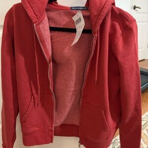 Brandy Melville Coral-Red Fleece-Lined Zip Hoodie